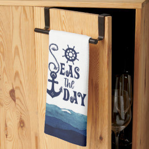 Nautical Anchor SEAS THE DAY Navy Blue White Geschirrtuch