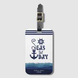Nautical Anchor SEAS THE DAY Watercolor Waves Navy Gepäckanhänger