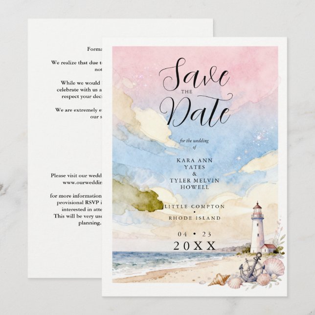 Nautical Anchor & Seashells Coastal Scene Wedding Save The Date (Vorne/Hinten)