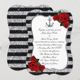 Nautical Anchor Silver Black Stripes Wedding Einladung