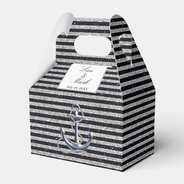 Nautical Anchor Silver Black Stripes Wedding Geschenkschachtel (Vorderseite)