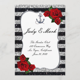 Nautical Anchor Silver Black Stripes Wedding Menükarte