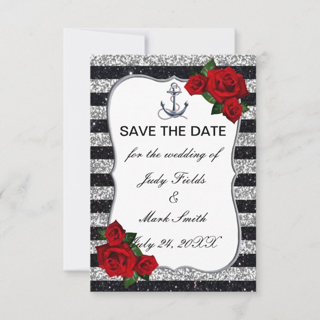 Nautical Anchor Silver Black Stripes Wedding RSVP Karte (Vorderseite)