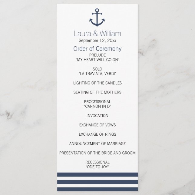 Nautical Anchor & Striped Wedding Program Programm (Vorderseite)