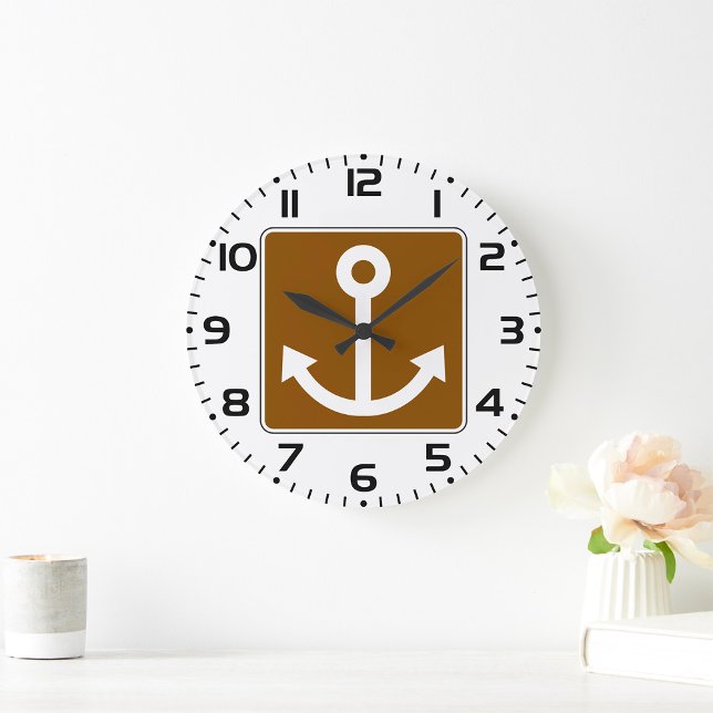 Nautical Anchor Symbol Brown Marina Sign Große Wanduhr (Von Creator hochgeladen)