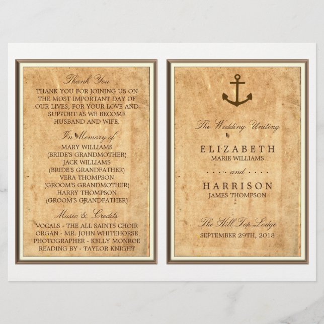 Nautical Anchor Vintag Paper Wedding Program (Vorderseite)