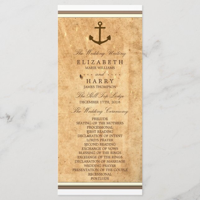 Nautical Anchor Vintag Paper Wedding Program Programm (Vorderseite)