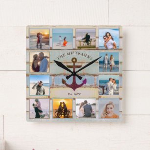 Nautical Anchor Vintagen Holzschnitt 12-Foto-Colla Quadratische Wanduhr