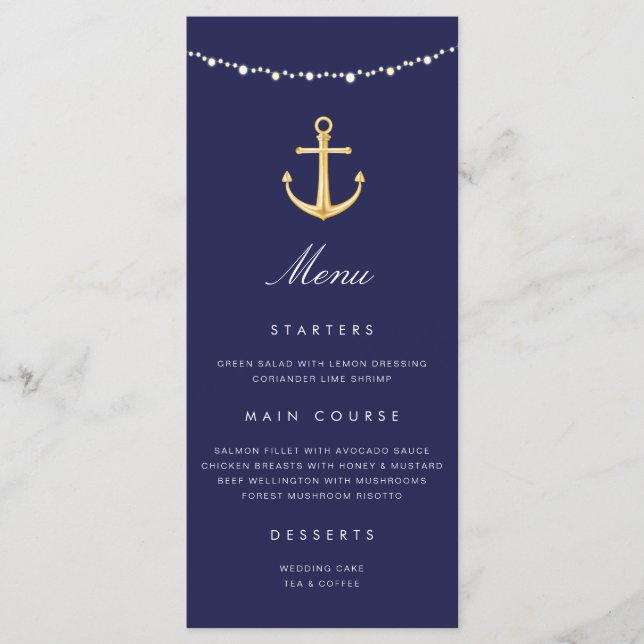Nautical Anchor Wedding Menu Navy Blue Gold Menükarte (Vorderseite)