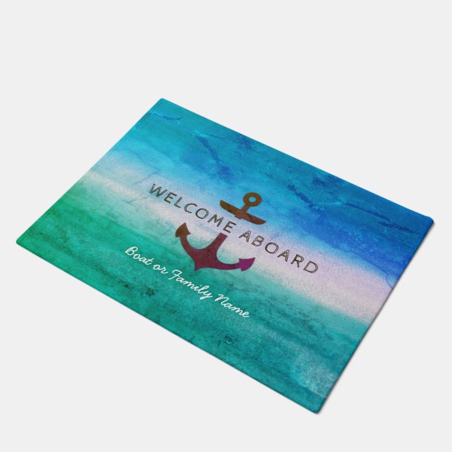 Nautical Anchor WELCOME ABOARD Tropical Beach Boot Fußmatte (Schrägansicht)