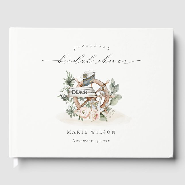 Nautical Anchor Wheel Leafy Floral Brautparty Gästebuch (Vorderseite)