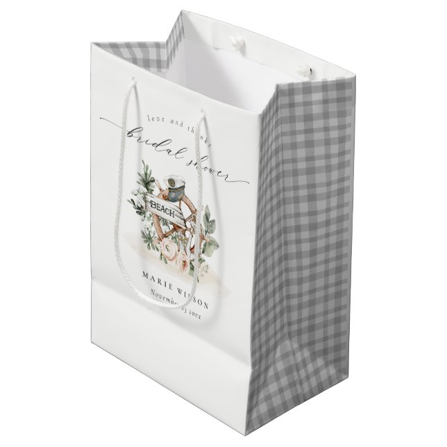 Nautical Anchor Wheel Leafy Floral Brautparty Mittlere Geschenktüte (Vorderseite Schrägansicht)