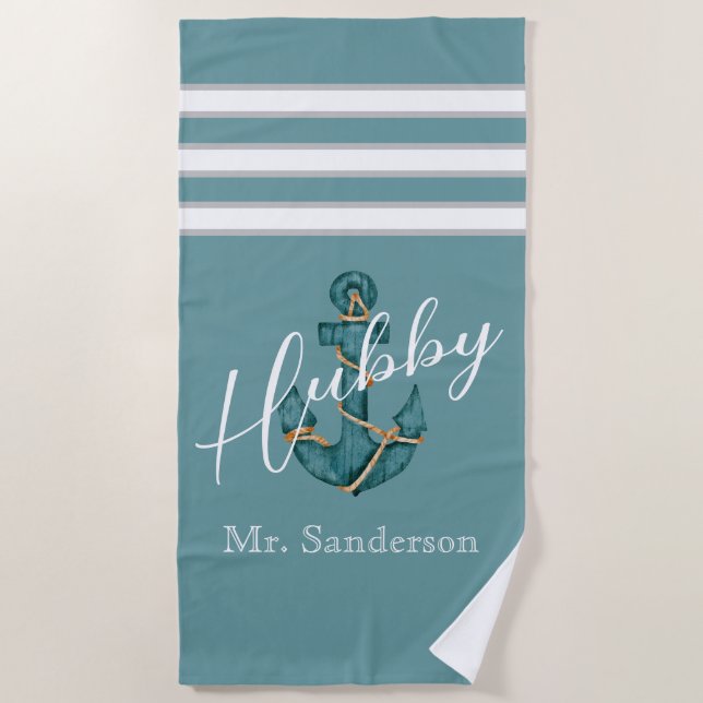 Nautical Aqua Teal Blue Anchor Hubby Honeymoon Strandtuch (Vorderseite)