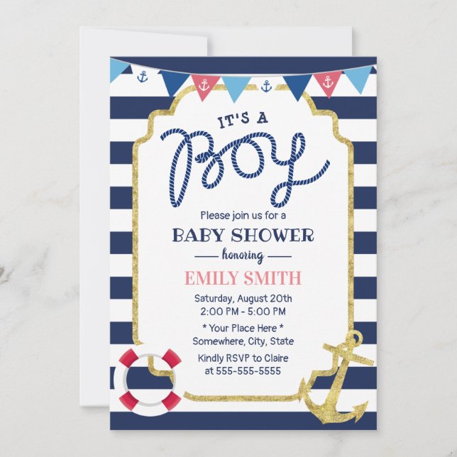 Nautical Baby Boy Showdusche Gold Anker Navy Strip Einladung (Vorderseite)