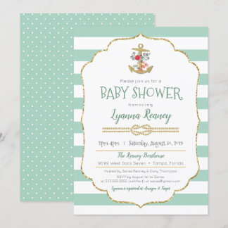 Nautical Baby Dusche Blumenzange Minze Grün Einladung