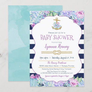 Nautical Baby Dusche Sukkulents Navy Blue Lavendel Einladung