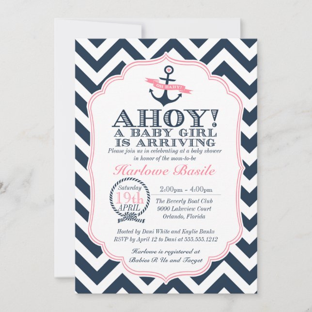 Nautical Baby Girl Dusche Einladung Zickzack (Vorderseite)