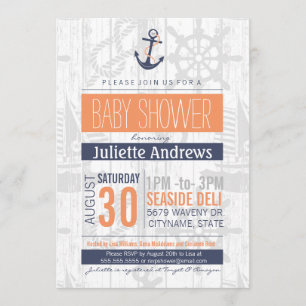 Nautical Baby Showeinladung, Boy Blue Orange Einladung