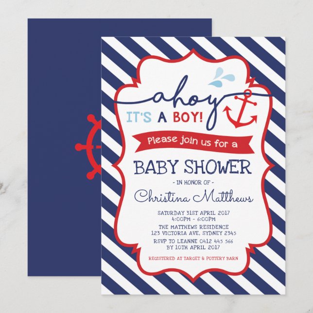 Nautical Baby Shower Einladung Ahoy Es ist ein Jun (Vorne/Hinten)