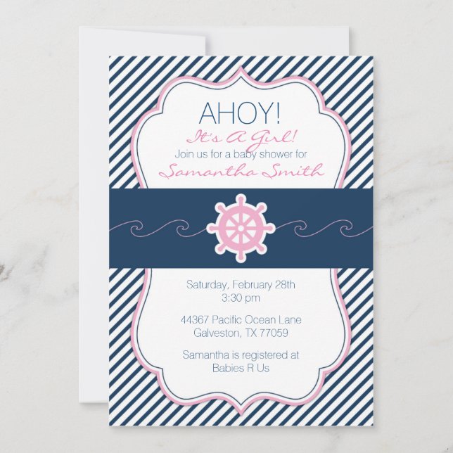 Nautical Baby Shower Einladung Navy Blue & Pink (Vorderseite)