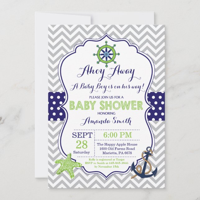 Nautical Baby Shower Invasion Navy Green Gray Einladung (Vorderseite)