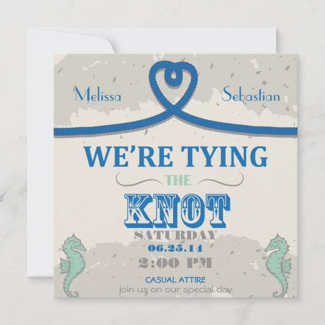 Nautical Beach Blue Heart Knot Wedite Einladung (Vorderseite)