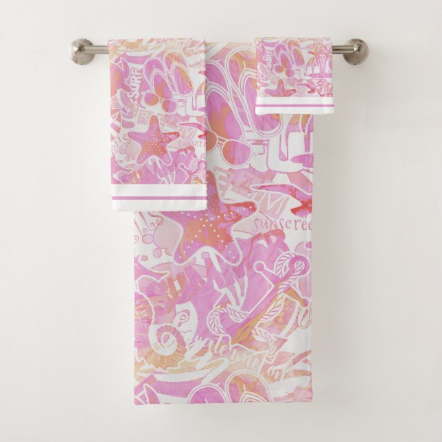 Nautical Beach Collage Hot Pink ID840 Badhandtuch Set (Insitu)