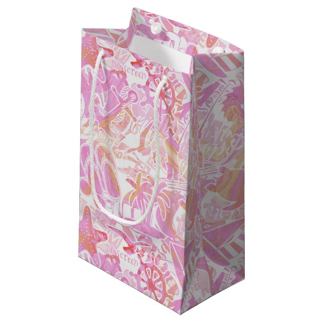 Nautical Beach Collage Hot Pink ID840 Kleine Geschenktüte (Vorderseite Schrägansicht)