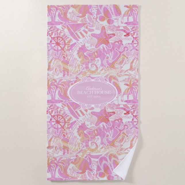 Nautical Beach Collage Hot Pink ID840 Strandtuch (Vorderseite)
