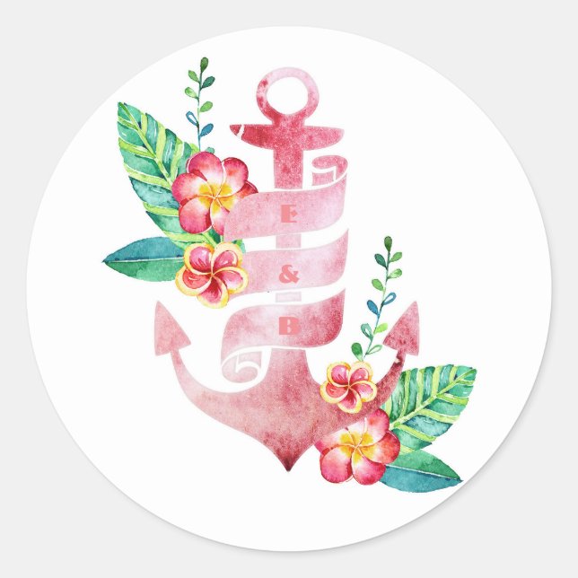 Nautical Beach Floral Anchor Wedding Siegel Runder Aufkleber (Vorderseite)