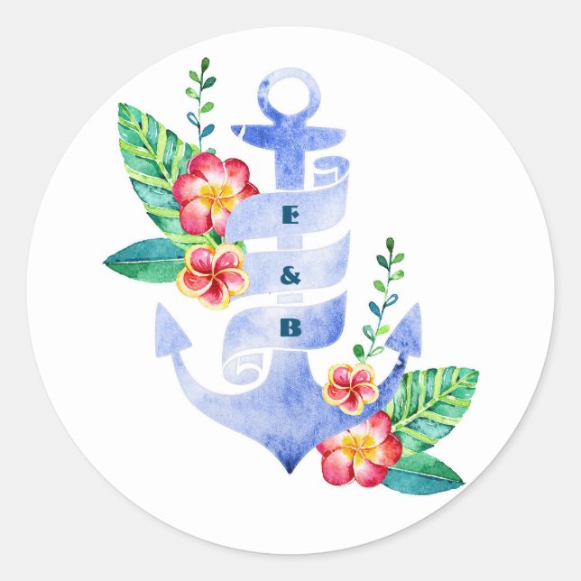 Nautical Beach Floral Blue Anchor Wedding Siegel Runder Aufkleber (Vorderseite)