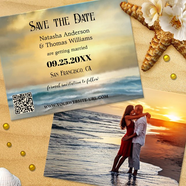 Nautical Beach Foto Save the Date Ankündigung (Save the Date card featuring a painting of a golden sunset at the beach - with QR code template)