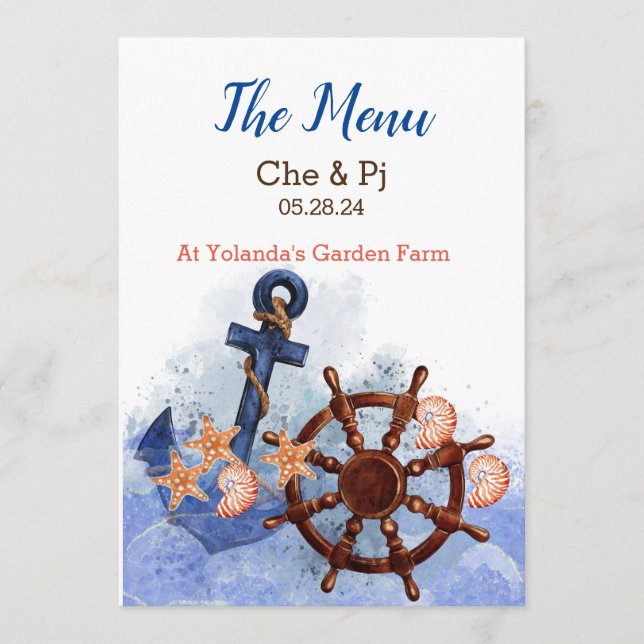 Nautical Beach Hochzeit individuell Menükarte (Vorderseite)