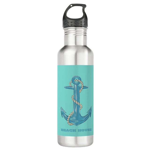Nautical Beach House, Anker, Seil, Minze Green Edelstahlflasche (Vorderseite)