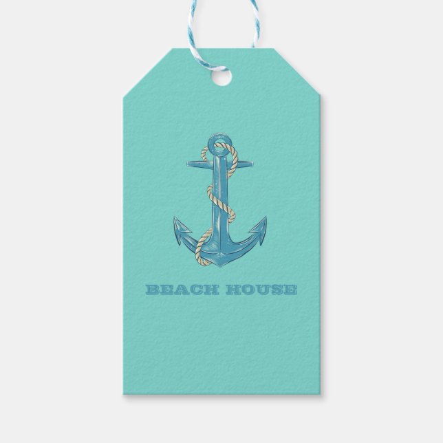 Nautical Beach House, Anker, Seil, Minze Green Geschenkanhänger (Vorderseite)
