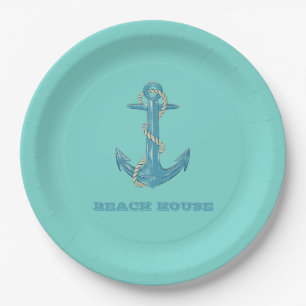 Nautical Beach House, Anker, Seil, Minze Green Pappteller