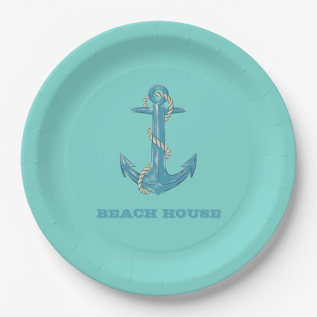 Nautical Beach House, Anker, Seil, Minze Green Pappteller (Vorderseite)