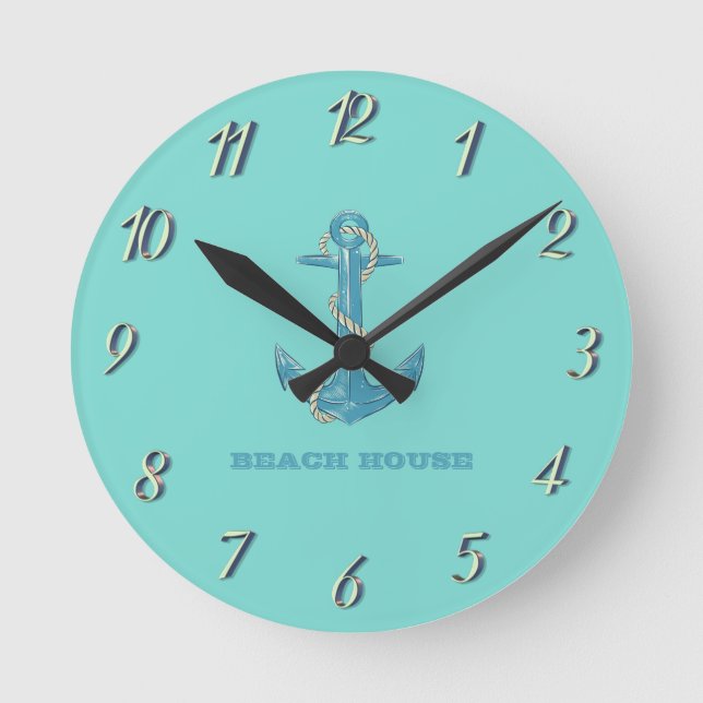 Nautical Beach House, Anker, Seil, Minze Green  Runde Wanduhr (Vorderseite)