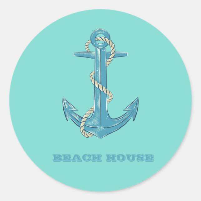 Nautical Beach House, Anker, Seil, Minze Green Runder Aufkleber (Vorderseite)