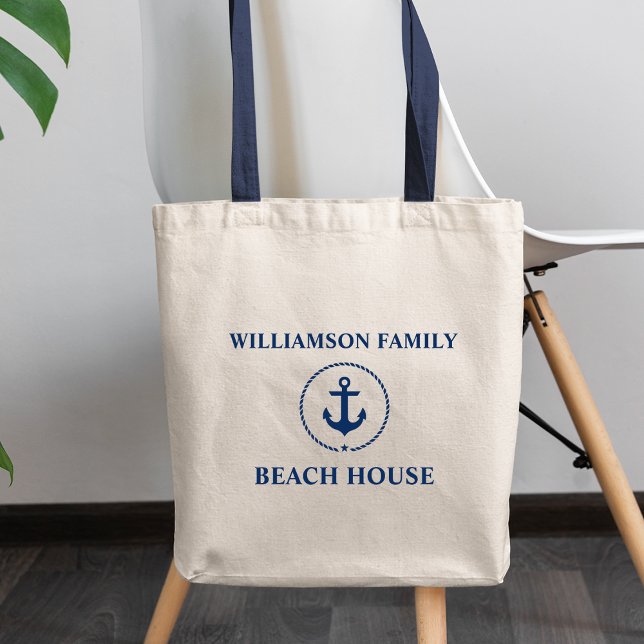 Nautical Beach House Blue Anchor Familienname Tragetasche (Choose from several styles and sizes.)
