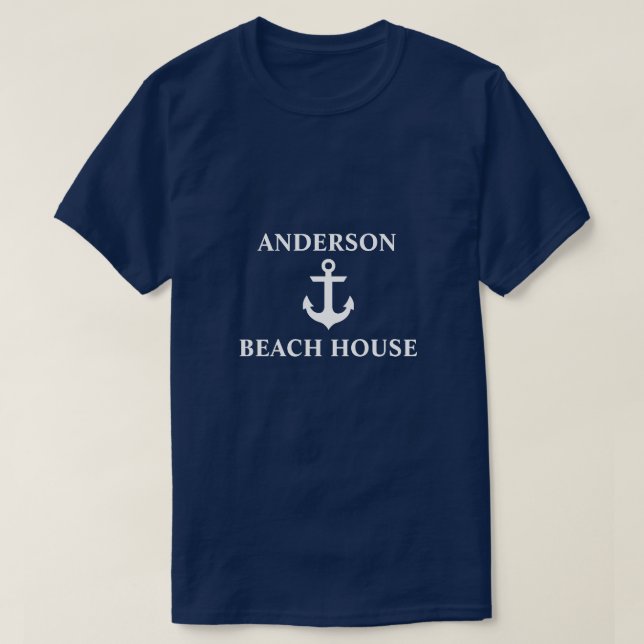 Nautical Beach House Familienname Anchor Blue T-Shirt (Design vorne)