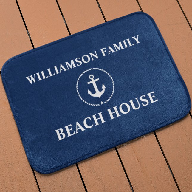 Nautical Beach House Familienname Anchor Navy Blue Badematte (Customize to change text style or background color.)