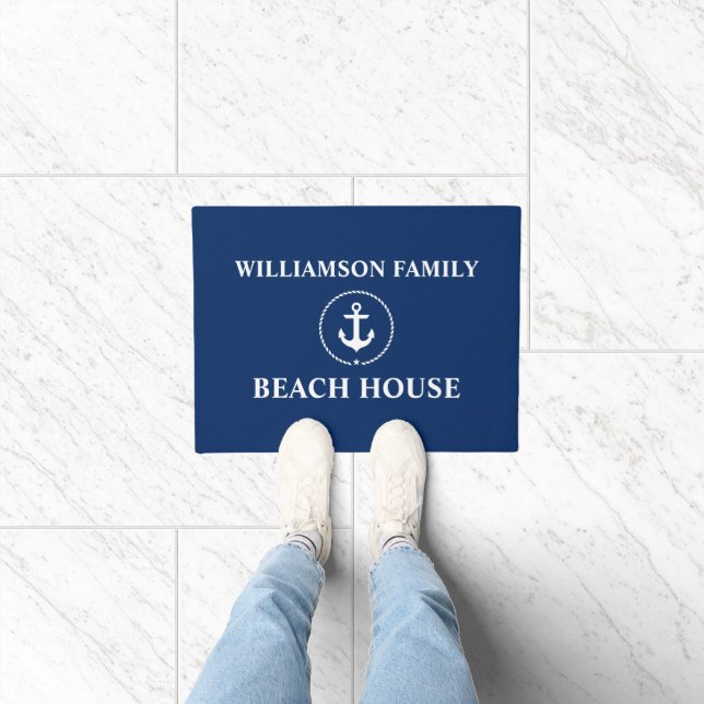 Nautical Beach House Familienname Anchor Navy Blue Fußmatte (Indoor)