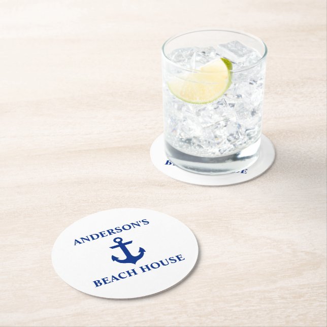 Nautical Beach House Familienname Anchor Runder Pappuntersetzer (Vor Ort)