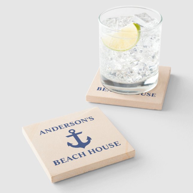 Nautical Beach House Familienname Anchor Sandstone Steinuntersetzer (Seitenansicht)