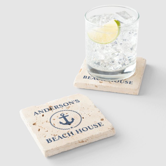 Nautical Beach House Familienname Anchor Travertin Steinuntersetzer (Seitenansicht)