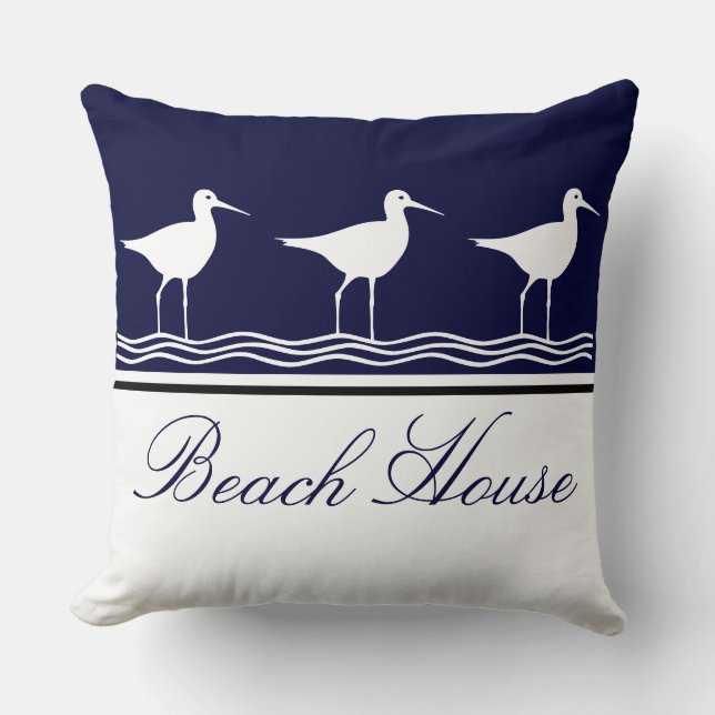 Nautical Beach House Marine Blau Sandpipers Kissen (Vorderseite)