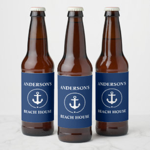 Nautical Beach House Name Anchor Navy Blue Bierflaschenetikett