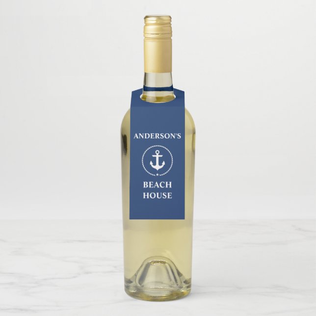 Nautical Beach House Name Anchor Navy Blue Flaschenanhänger (Auf Flasche)
