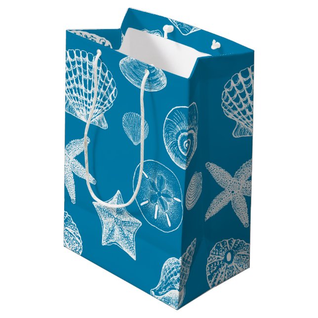 Nautical Beach Muscheln Aqua White Mittlere Geschenktüte (Rückseite Schrägansicht)